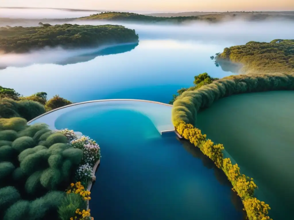 Un oasis de relajación: lujoso spa al aire libre en Uruguay con cascadas infinitas, aguas termales y vistas al lago