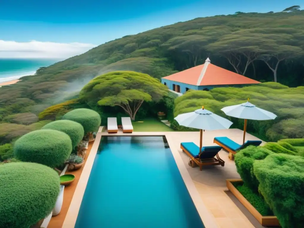 Exclusiva piscina de hotel boutique en Uruguay Un oasis idílico en un hotel boutique de Uruguay con piscina rodeada de exuberante vegetación y vistas al mar