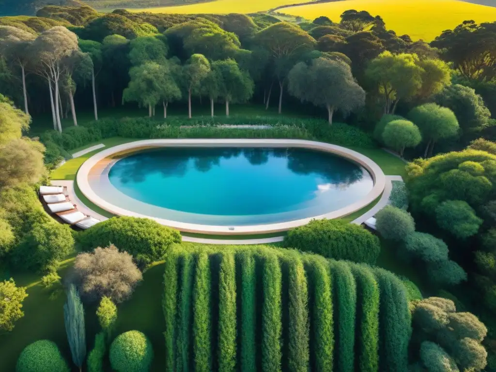 Un oasis de lujo en Uruguay: spa elegante entre jardines vibrantes y piscinas naturales, invitando a una experiencia inolvidable