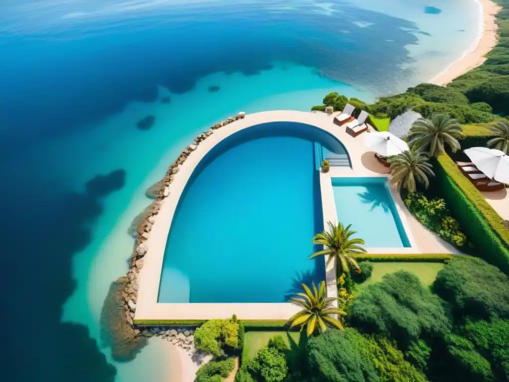 Hotel boutique de lujo en Uruguay con piscina infinita frente al mar Un oasis de lujo en un hotel boutique en Uruguay con piscina infinita y palmeras, creando un ambiente sereno y acogedor