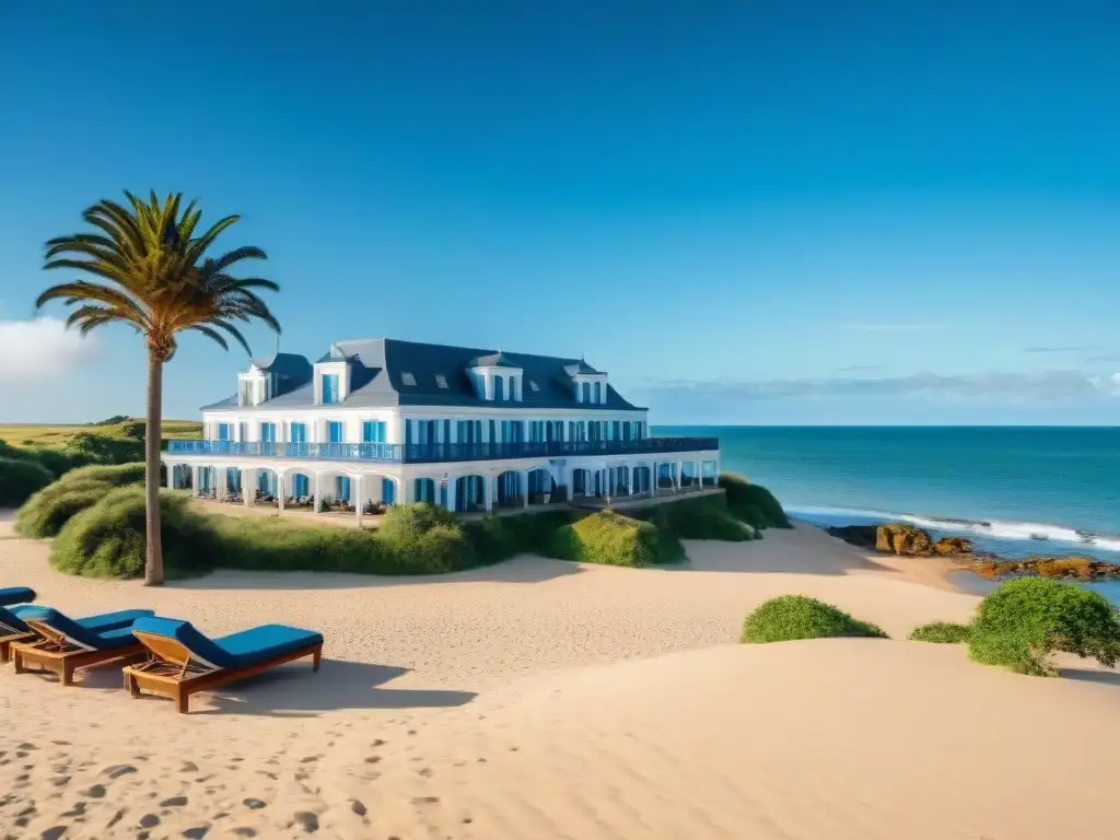 Un oasis de lujo frente al mar en Uruguay, con palmeras, cielo azul y olas suaves