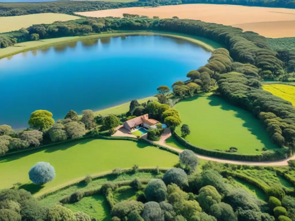 Un oasis de lujo rural en Uruguay, con extensos pastizales verdes, elegantes casas de campo y un lago sereno bajo el cielo azul