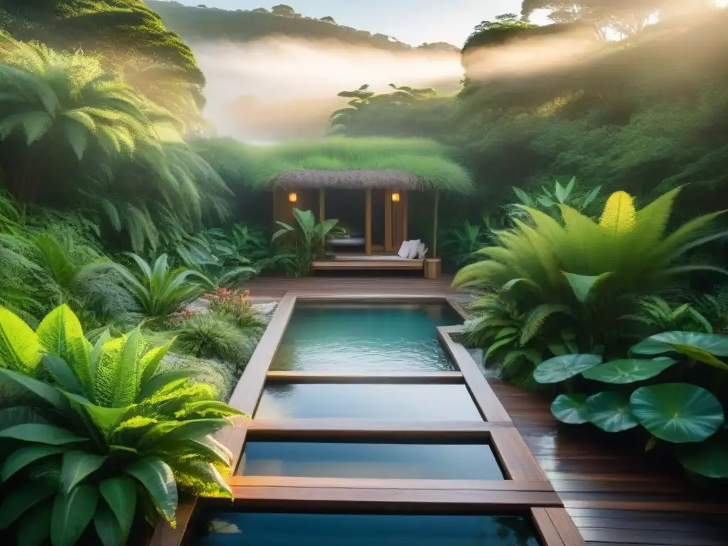 Un oasis natural: spa al aire libre en Uruguay con aguas cristalinas, rodeado de vegetación exuberante y senderos de madera
