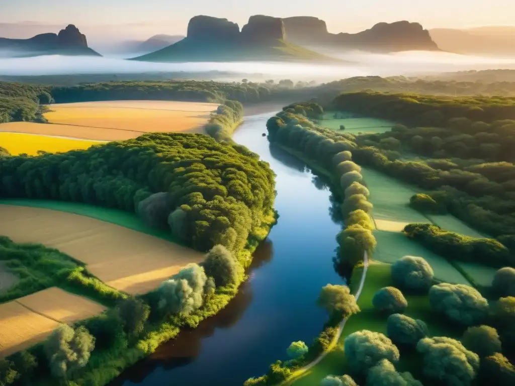 Valle Edén oasis natural en Uruguay: exuberante vegetación, arroyo cristalino, aves nativas y atardecer dorado