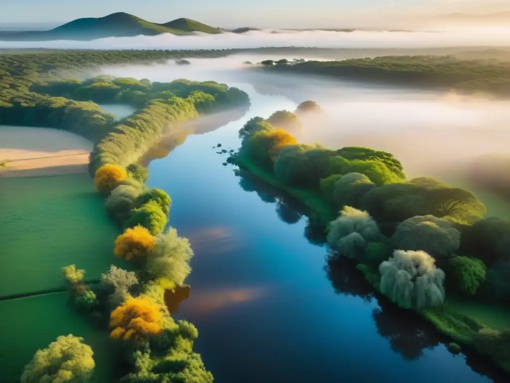 Un oasis natural en Valle Edén, Uruguay, con un arroyo cristalino entre exuberante vegetación bajo la luz dorada del atardecer