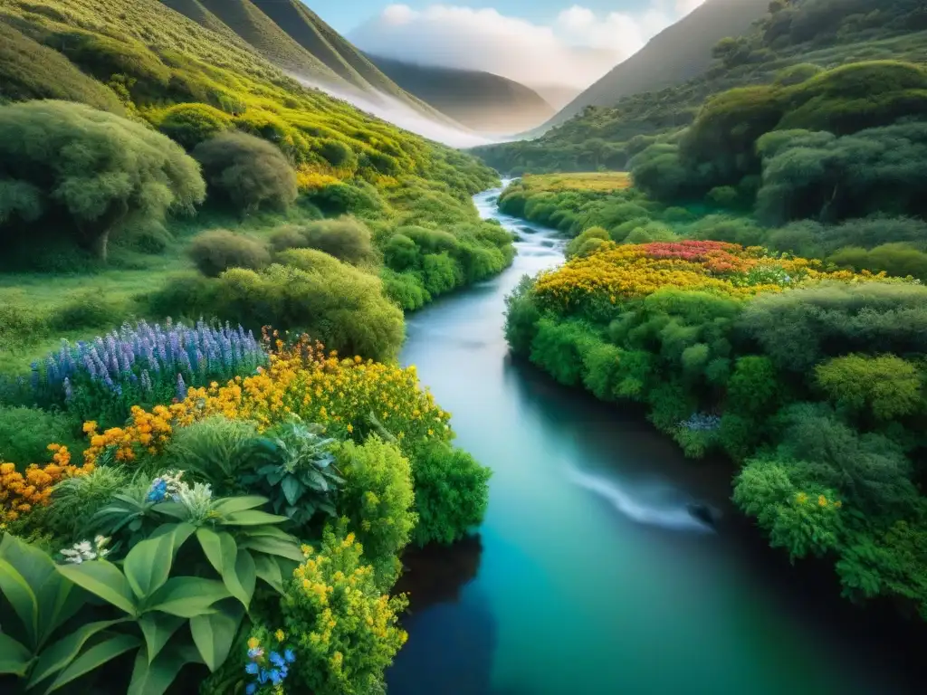 Un oasis natural en Valle Edén, Uruguay, con exuberante vegetación, aves coloridas y arroyo cristalino