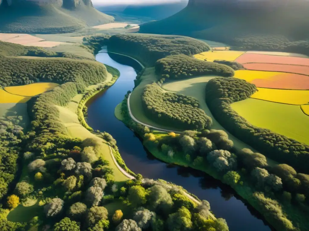 Un oasis natural en Valle Edén, Uruguay, con paisajes verdes y un arroyo cristalino serpenteando por el valle