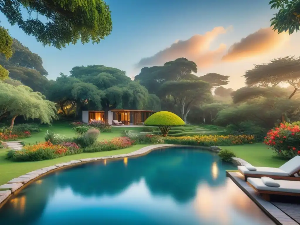 Un oasis de paz en Uruguay con jardín exuberante, estanque sereno y meditación bajo un árbol majestuoso