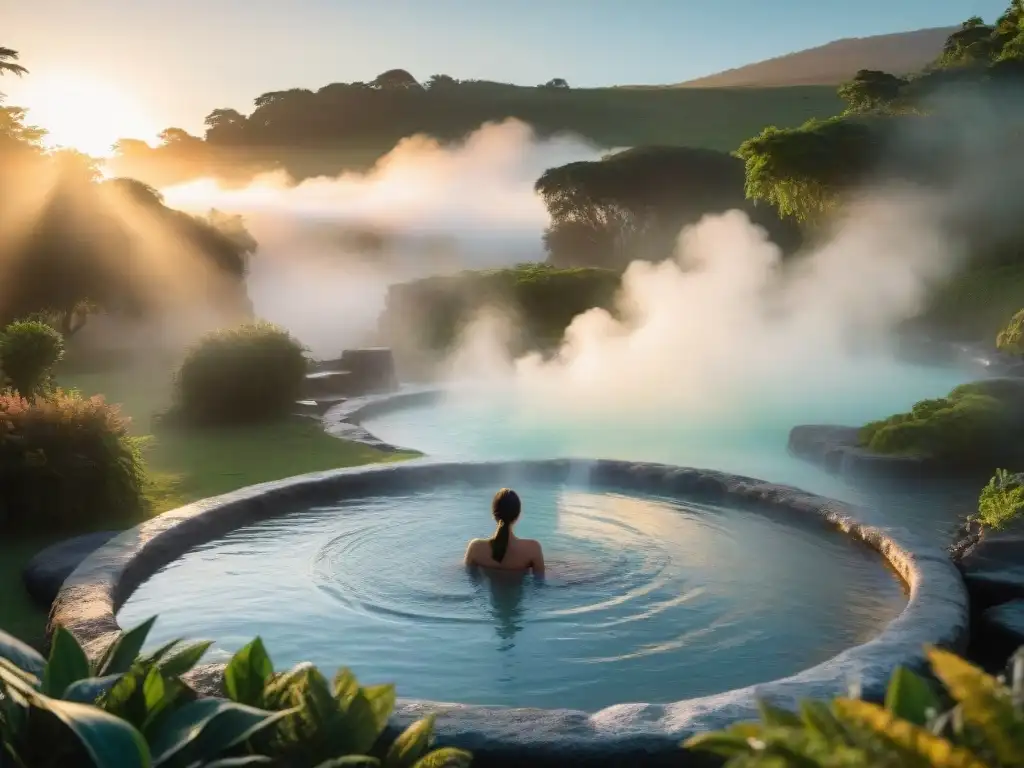 Un oasis de paz en las Termas del Arapey al atardecer, con siluetas disfrutando de las aguas termales