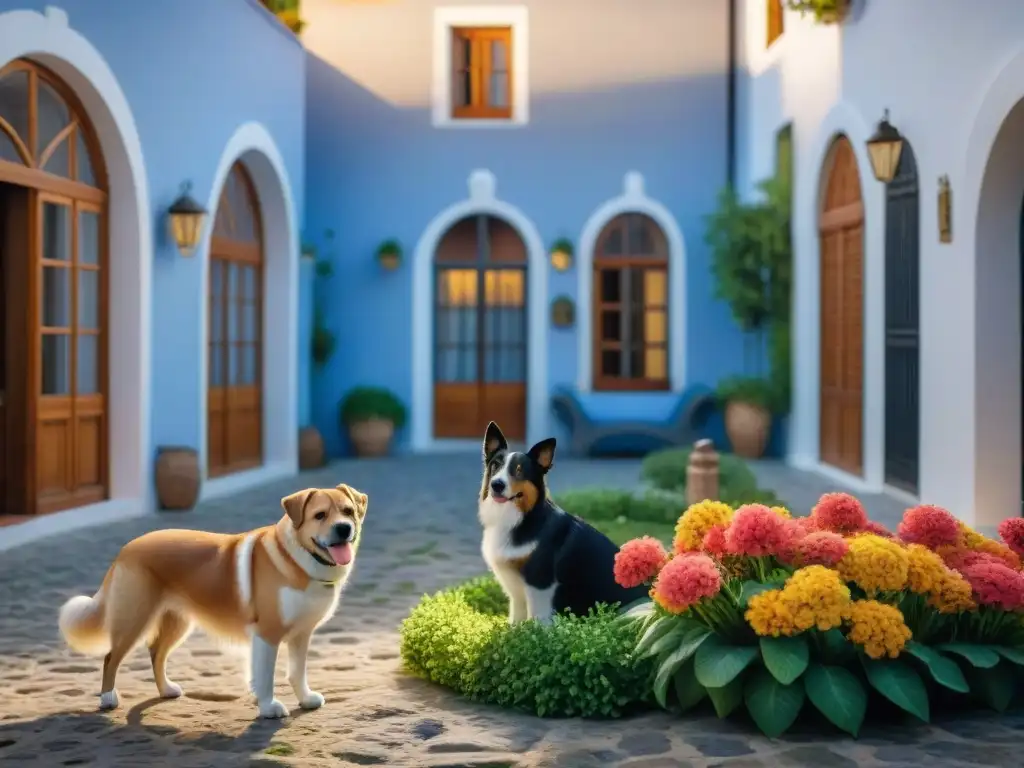 Un oasis petfriendly en Uruguay: hotel boutique en Colonia del Sacramento con jardín encantador, mascotas jugando y flores coloridas bajo el sol