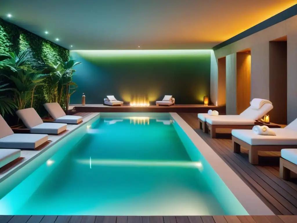 Un oasis de relajación en un lujoso spa en Uruguay, con piscina interior, vegetación exuberante y iluminación suave