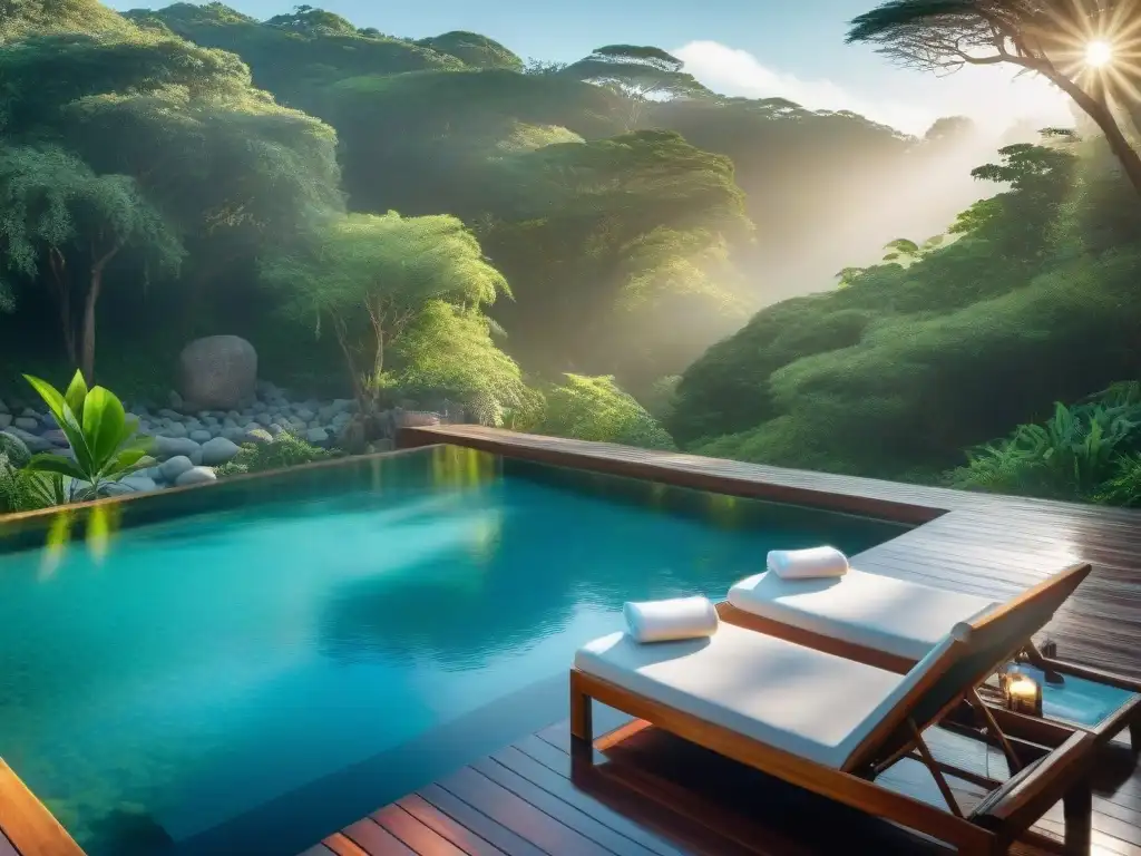 Un oasis de relajación en un lujoso spa al aire libre en Uruguay, rodeado de exuberante vegetación y una piscina de aguas termales cristalinas