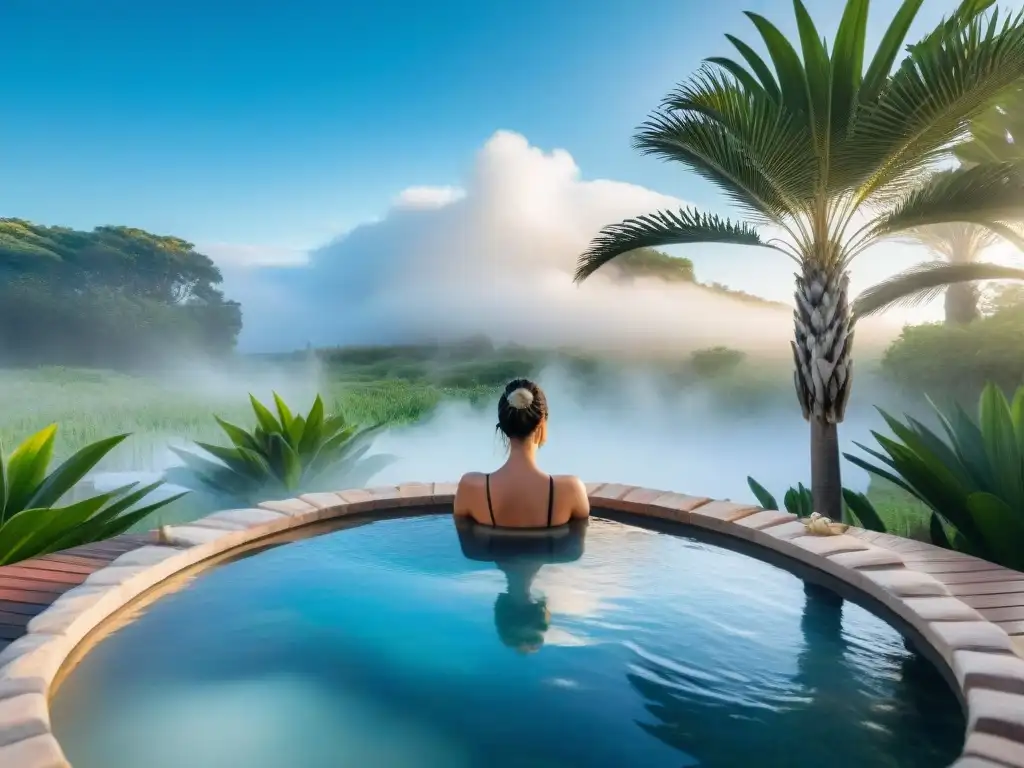 Un oasis de serenidad y relajación en un spa al aire libre en Uruguay, rodeado de exuberante vegetación y palmeras