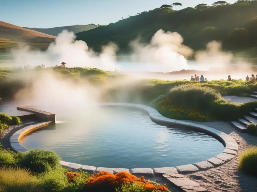 Un oasis de tranquilidad en las Termas de Uruguay, destino salud, con aguas cristalinas y vapor, bañistas relajándose al atardecer