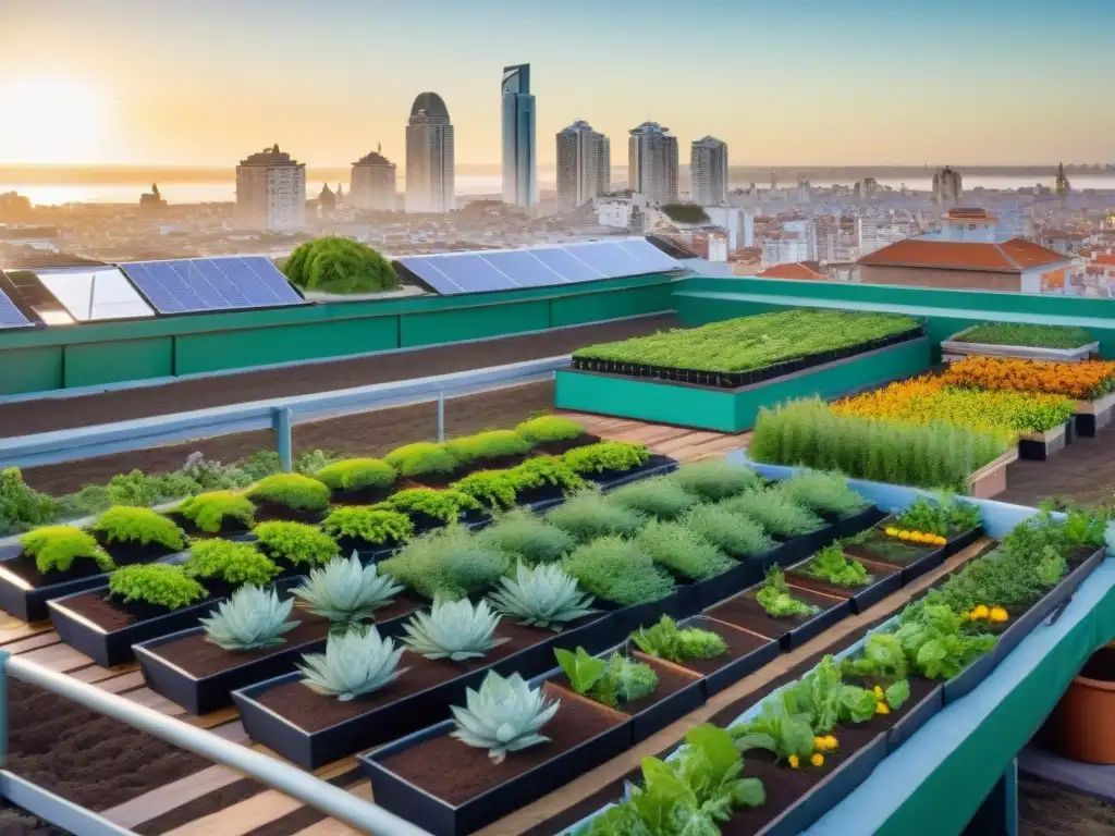 Un oasis urbano en Montevideo: comunidad sostenible cuidando plantas, paneles solares y colmenas al atardecer