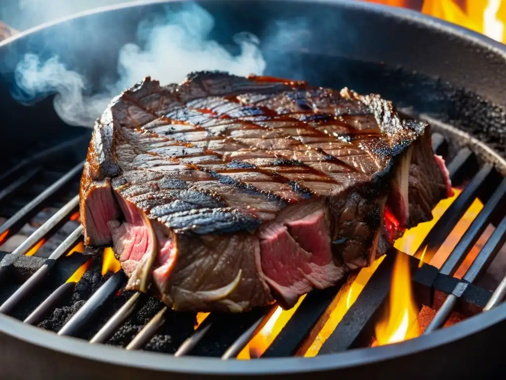 Una obra maestra del asado uruguayo: un suculento churrasco en la parrilla, revelando los secretos del asado uruguayo tradicional