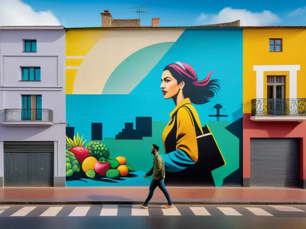 Una obra mural vibrante en Montevideo con figuras históricas y elementos urbanos modernos, capturando la fusión del pasado y presente en la ciudad