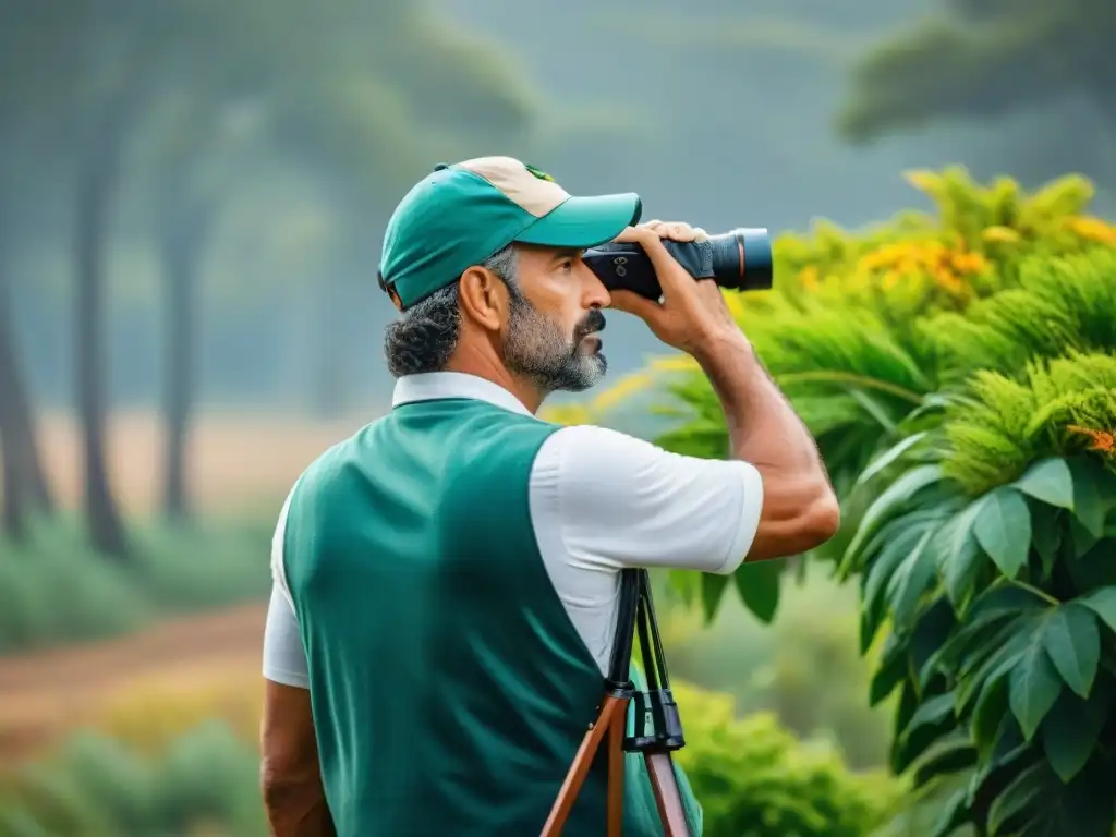 Un observador de aves en Uruguay con equipamiento de alta calidad, enfocado en un ave colorida en la naturaleza