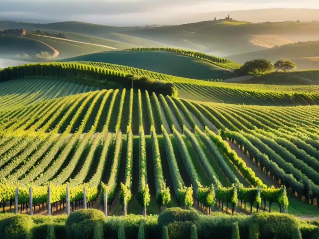 Un ocaso dorado sobre viñedos interminables en Uruguay, mostrando el legado e historia de sus vinos