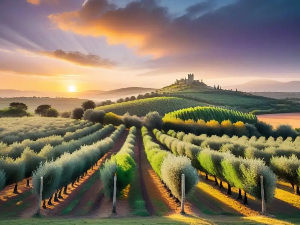 Un olivar en Uruguay al atardecer, con olivos cargados de frutos y un cielo colorido