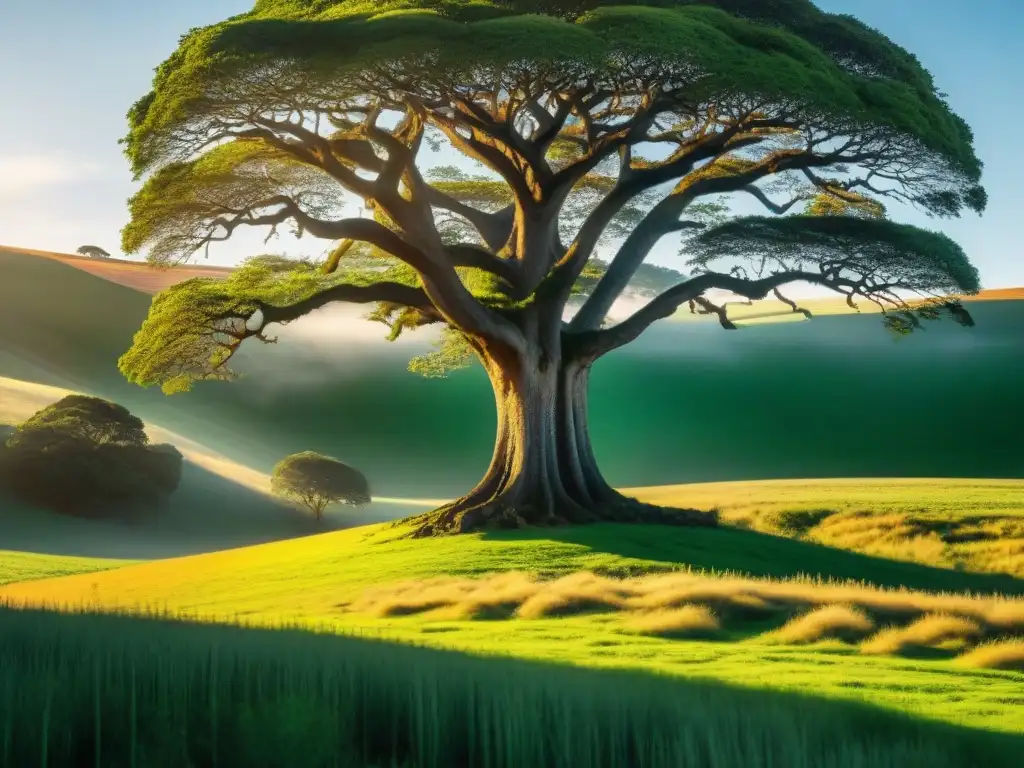 Un Ombú majestuoso en el campo de Uruguay, sus ramas gruesas se extienden con gracia en todas direcciones