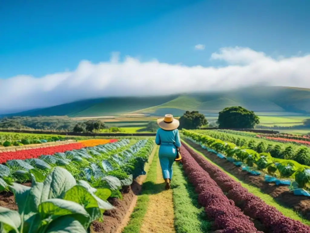 Un jardín orgánico vibrante y exuberante en Uruguay, con frutas y verduras coloridas en crecimiento bajo el cielo azul