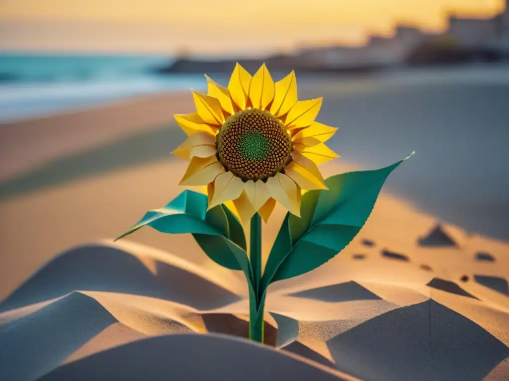 Un origami con papel inspiración uruguaya: escultura de girasol plegada con precisión, en playa de Montevideo al atardecer