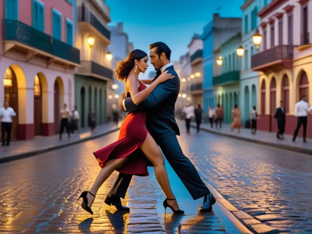 Orígenes del tango en Montevideo: Pareja bailando con pasión en calles empedradas iluminadas al atardecer, entre arquitectura colonial y moderna