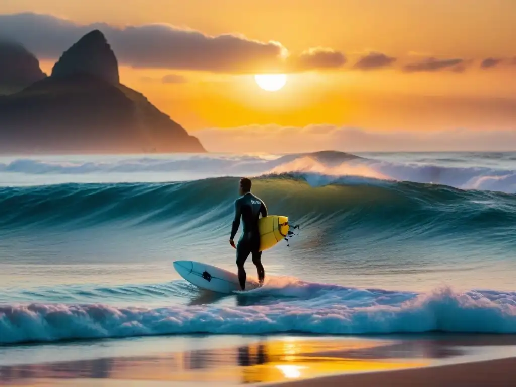 Fotografía surf en la orilla de Uruguay captura la magia del atardecer en la playa