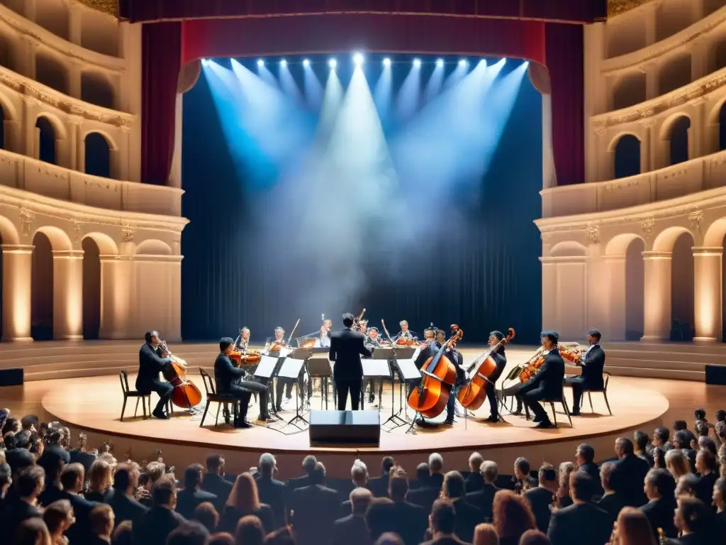 Una orquesta juvenil de músicos de Uruguay generación, tocando apasionadamente en un escenario, cautivando a la audiencia