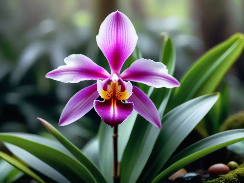 Una orquídea Laelia autumnalis rosada y blanca en un bosque verde de Uruguay, simbolizando el renacer de la naturaleza en primavera