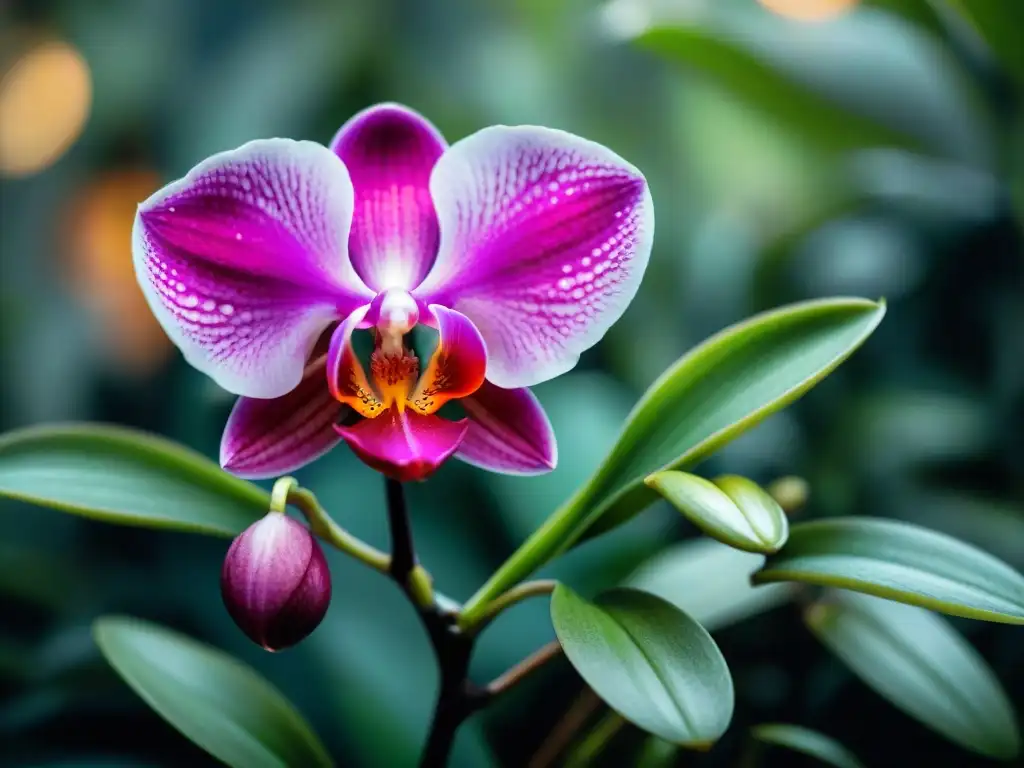 Una orquídea rosa vibrante entre la exuberante vegetación con rocío en sus pétalos bajo la luz natural en la selva urbana de Uruguay