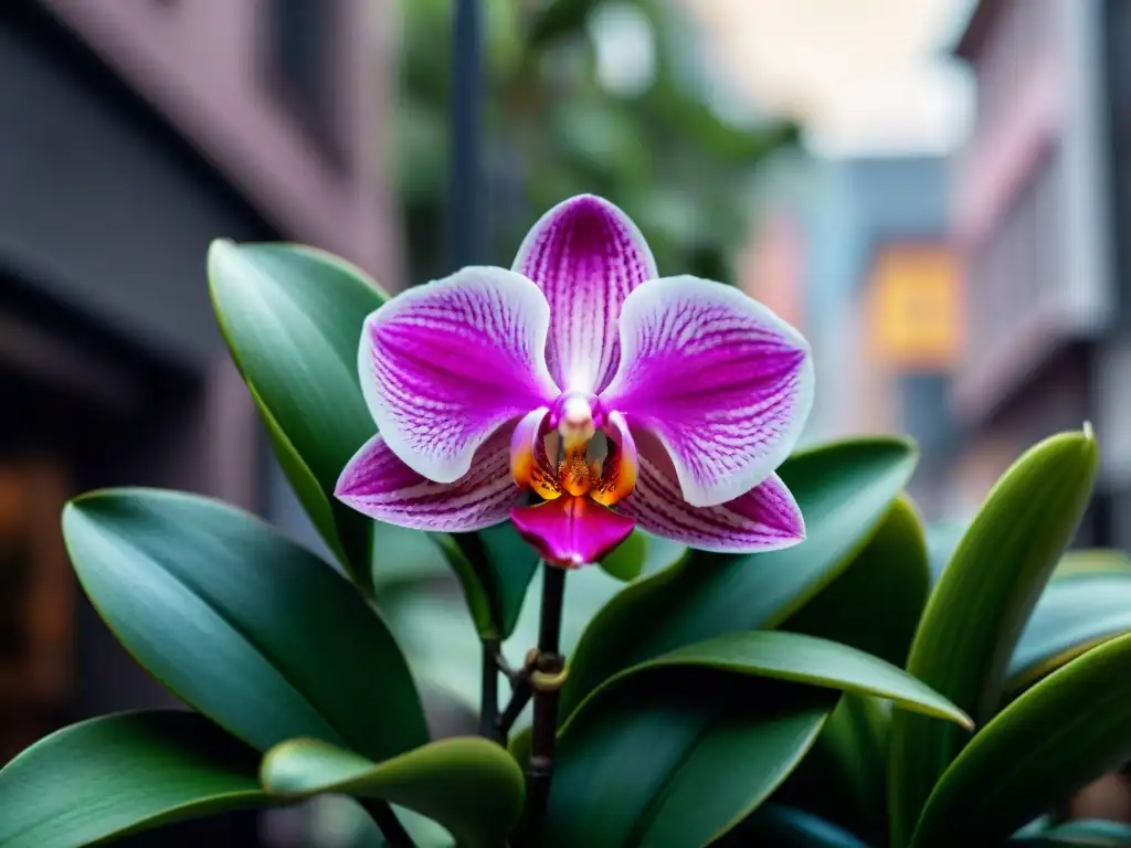 Una orquídea rosa vibrante entre hojas verdes en la selva urbana de Uruguay