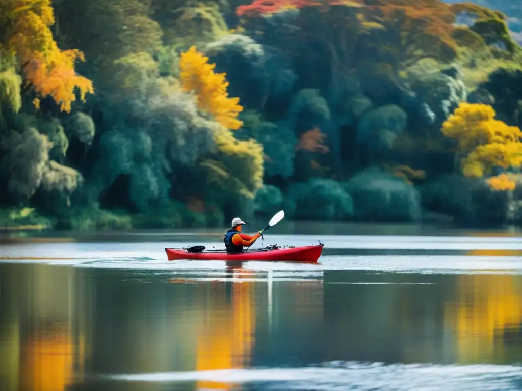 Kayakers disfrutando del otoño en Uruguay, reflejados en el tranquilo río