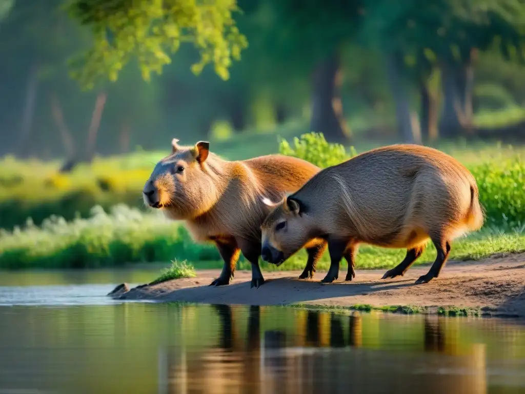 Pacífica familia de capibaras pastando junto al río en los humedales uruguayos