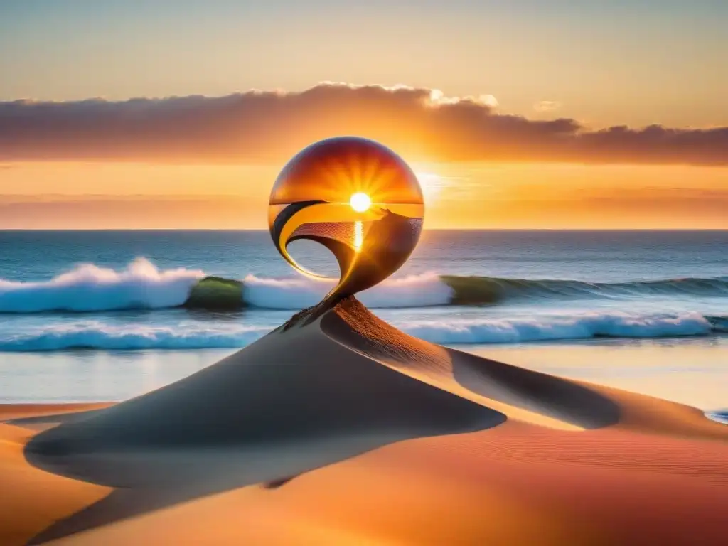 Fotografía de paisaje en Uruguay: Atardecer dorado en Punta del Este, con la icónica mano emergiendo de la arena y gaviotas volando