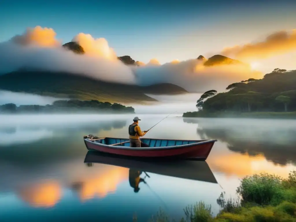 Paisaje de atardecer sobre un lago en Uruguay, reflejando el cielo dorado en el agua