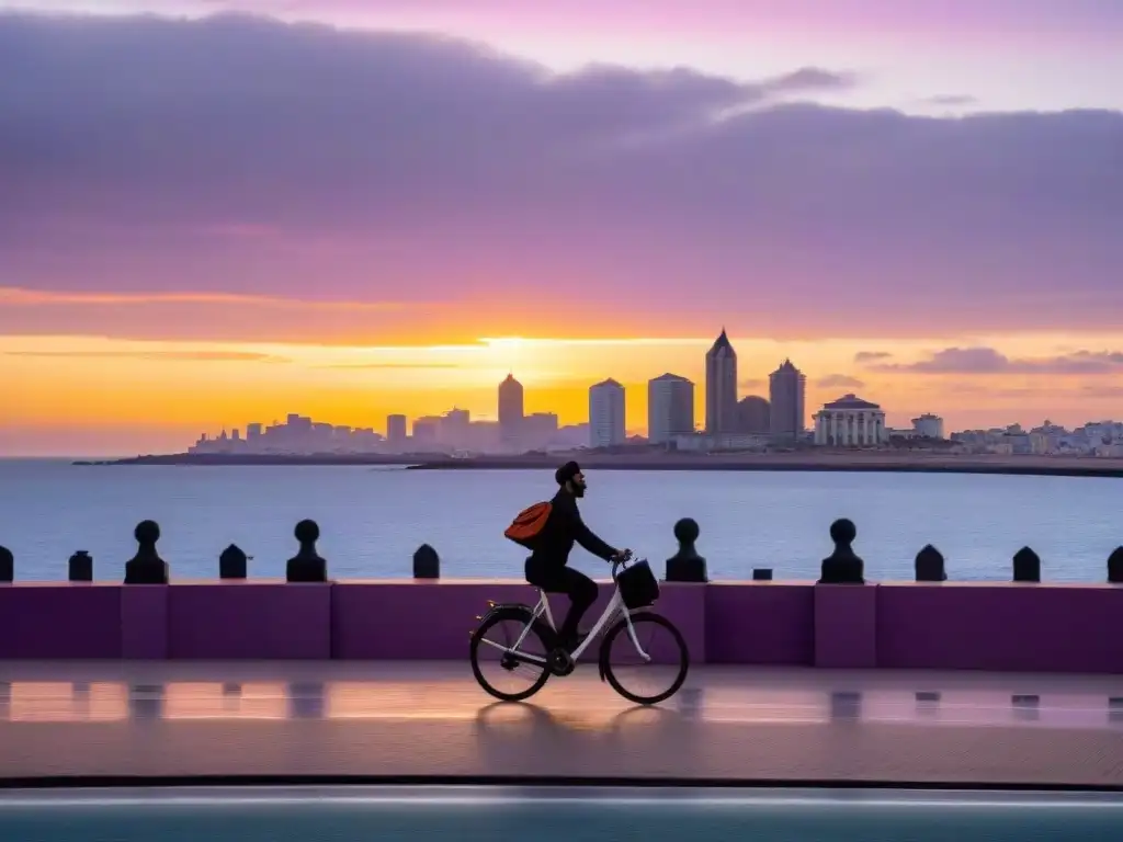 Paisaje al atardecer en la Rambla de Montevideo con ciclistas y peatones; refleja la calma y conexión con la naturaleza