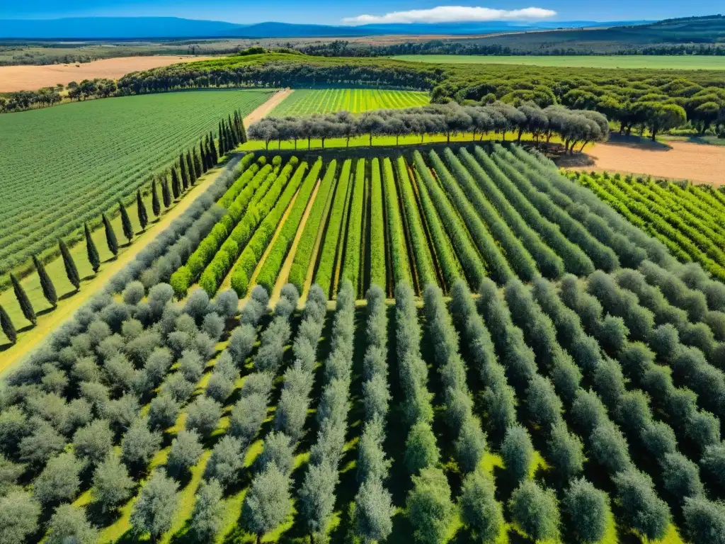 Un paisaje cautivador de infinitas hileras de vibrantes olivos en Uruguay, bajo un cielo azul con nubes blancas