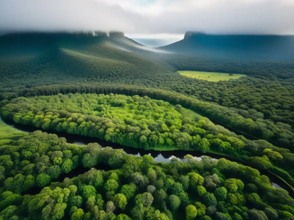 Un paisaje cautivador de la biodiversidad en sierras de Uruguay, con ríos serpenteantes y bosques densos