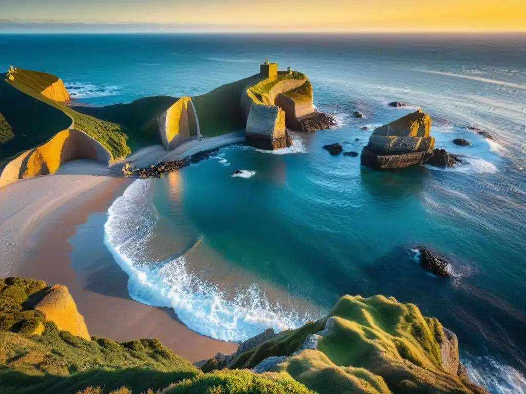 Fotografía de paisaje en Uruguay: Amanecer en la costa, con acantilados, olas y pescador solitario