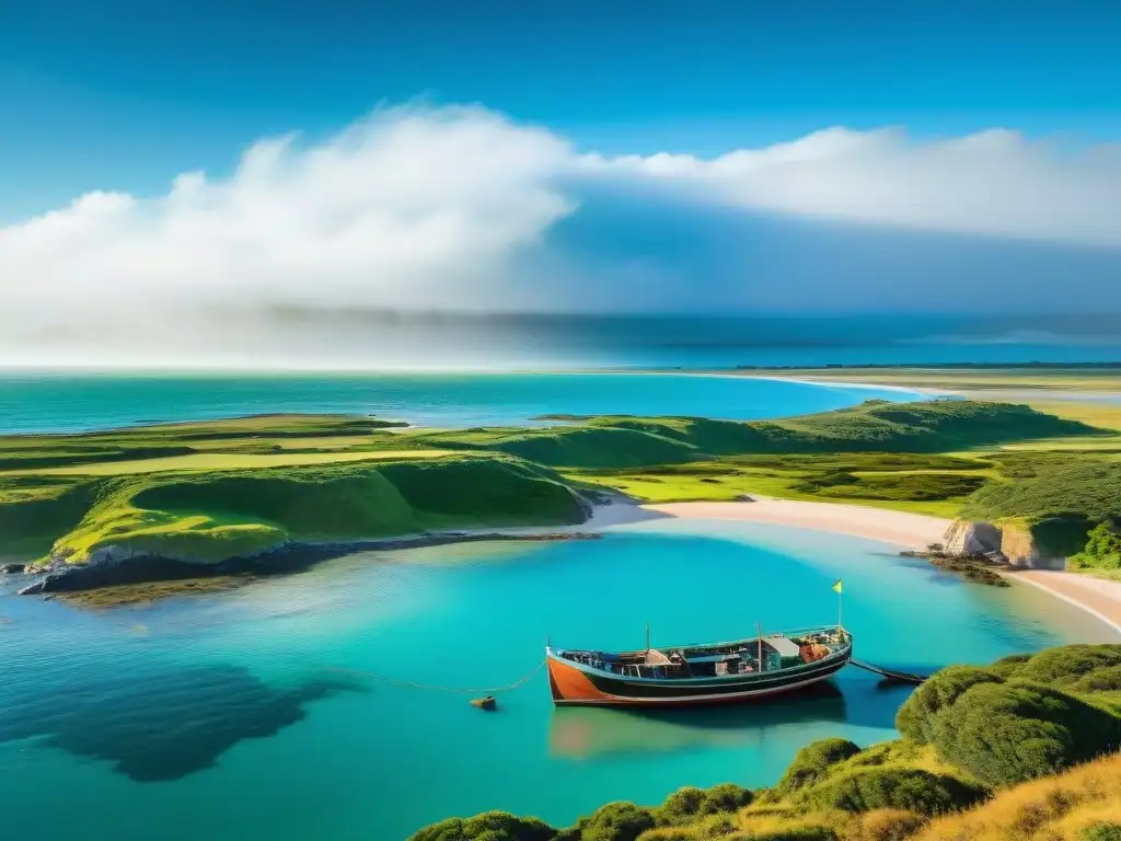 Un paisaje costero en Uruguay con aguas cristalinas y una barca de pesca tradicional