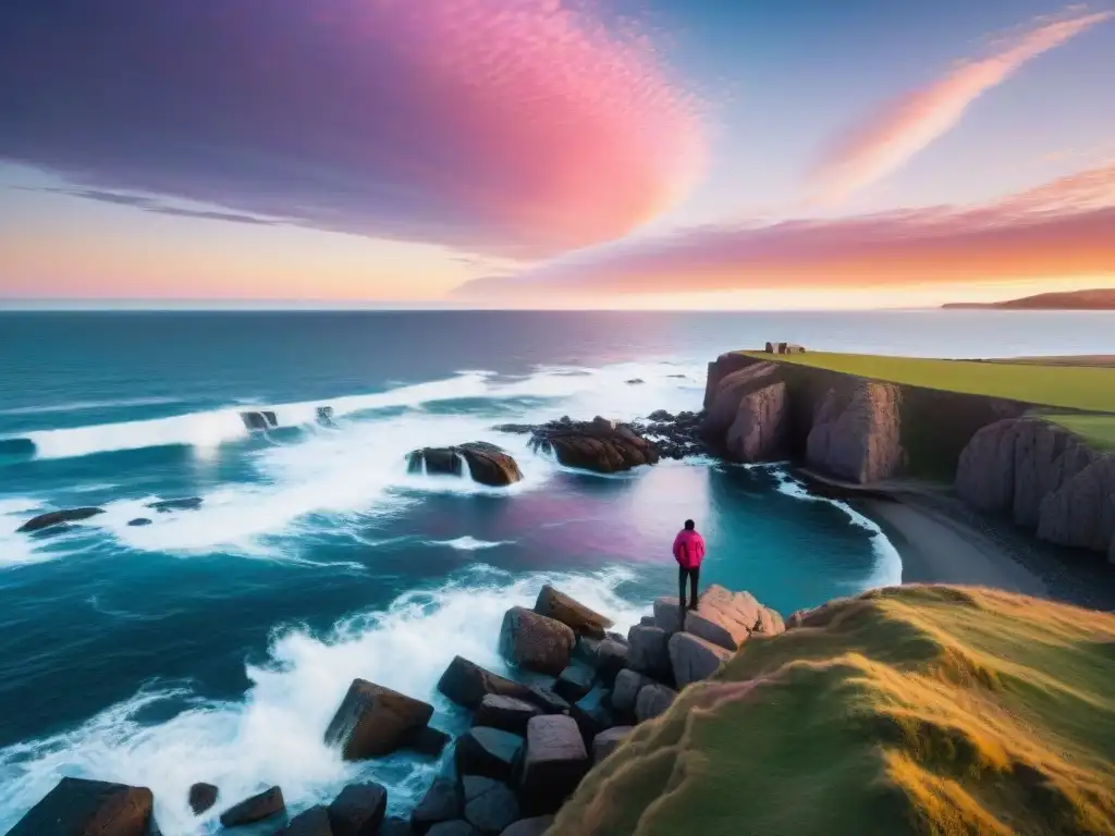 Un paisaje costero de Uruguay al atardecer, con una figura solitaria en un acantilado