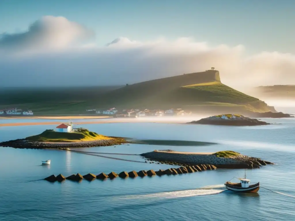 Embarcación pesquera al amanecer en Uruguay Paisaje costero en Uruguay al amanecer con prácticas de pesca sostenible y barco pesquero tradicional