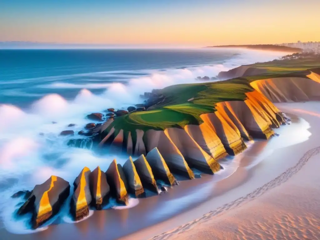 Paisaje costero de Punta del Este con icónica mano emergiendo de la playa, iluminada por un vibrante atardecer