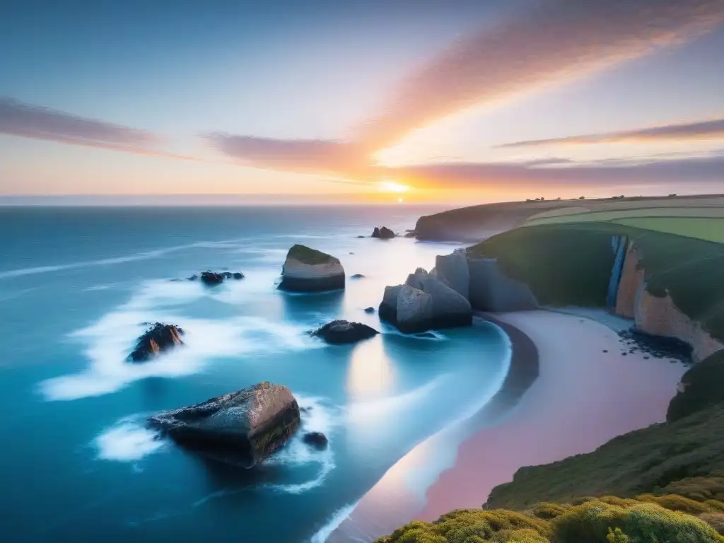 Un paisaje costero sereno en Uruguay al atardecer, con el sol iluminando los acantilados y el mar calmado