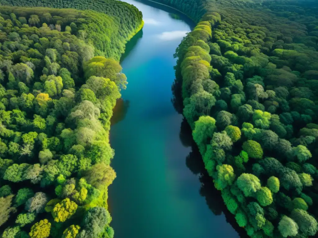 Un paisaje deslumbrante de un exuberante bosque en Uruguay, con un río serpenteante y ecoalojamientos sostenibles