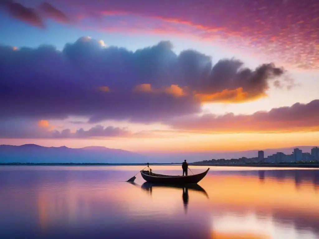 Un paisaje dorado al atardecer sobre el Río de la Plata, con un barco tradicional navegando