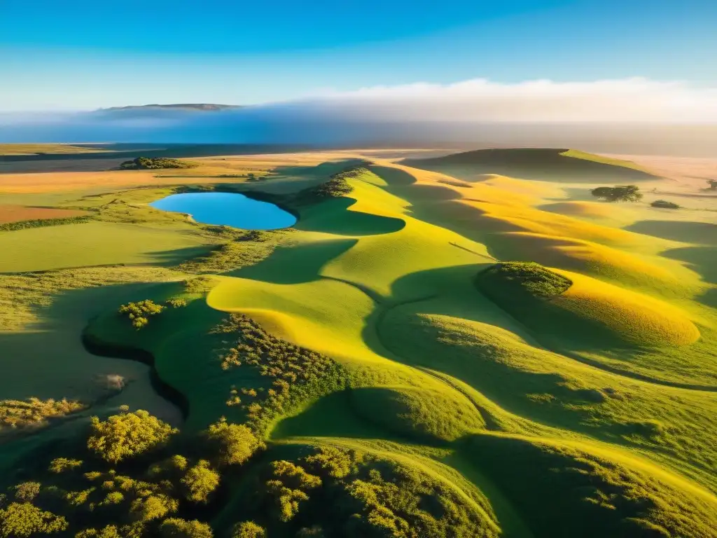 Un paisaje dorado del campo uruguayo, con majestuosas ñandúes y ganado pastando en armonía