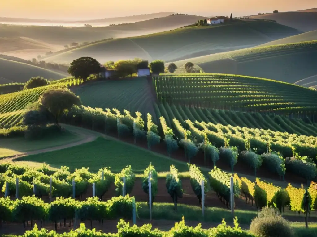 Paisaje dorado de viñedos en la región vinícola de Uruguay al atardecer, con patrones de uvas y bodega tradicional